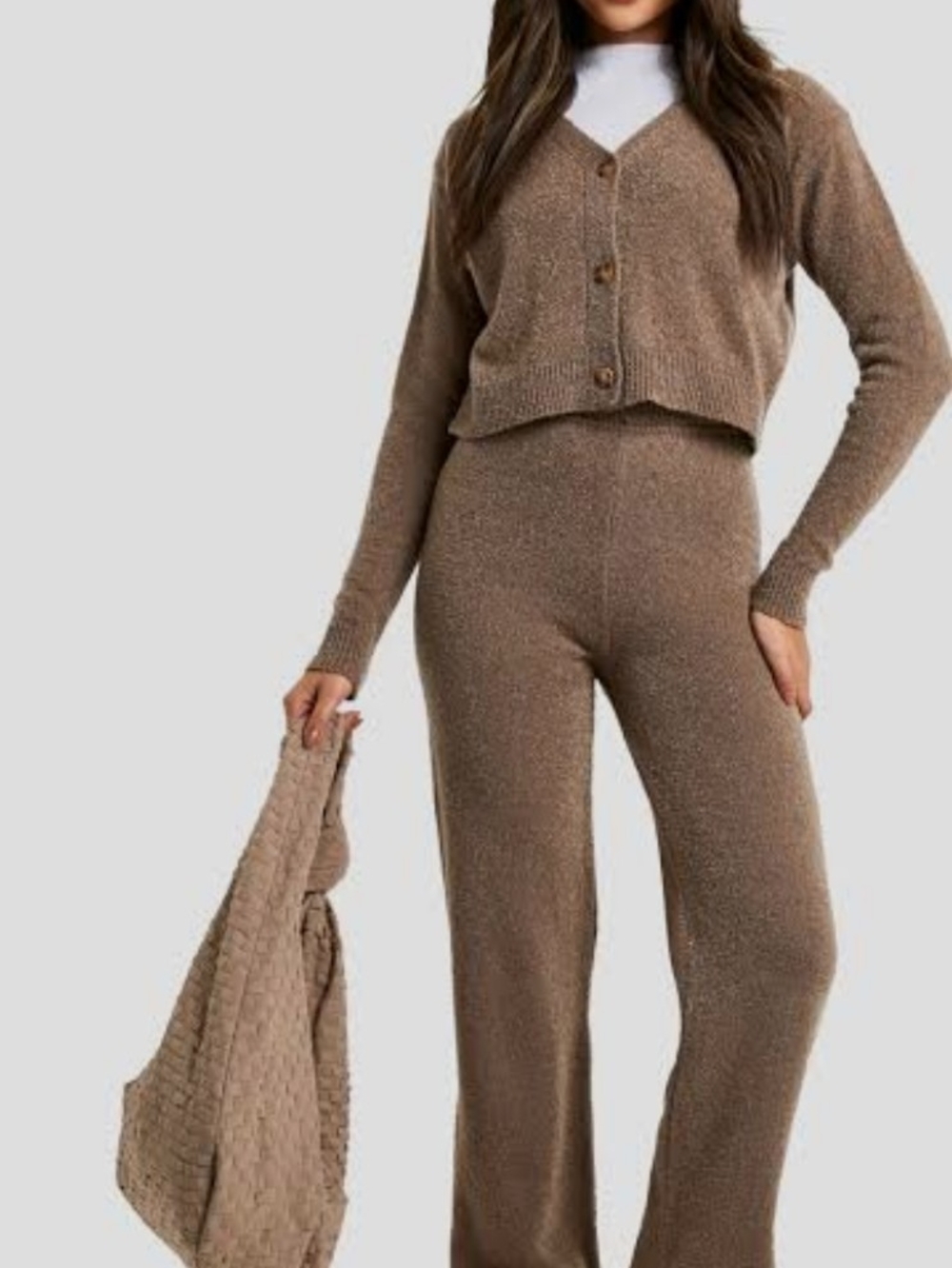 Colsie Women's Brown Ribbed Two-Piece Knit Set Pants & Top